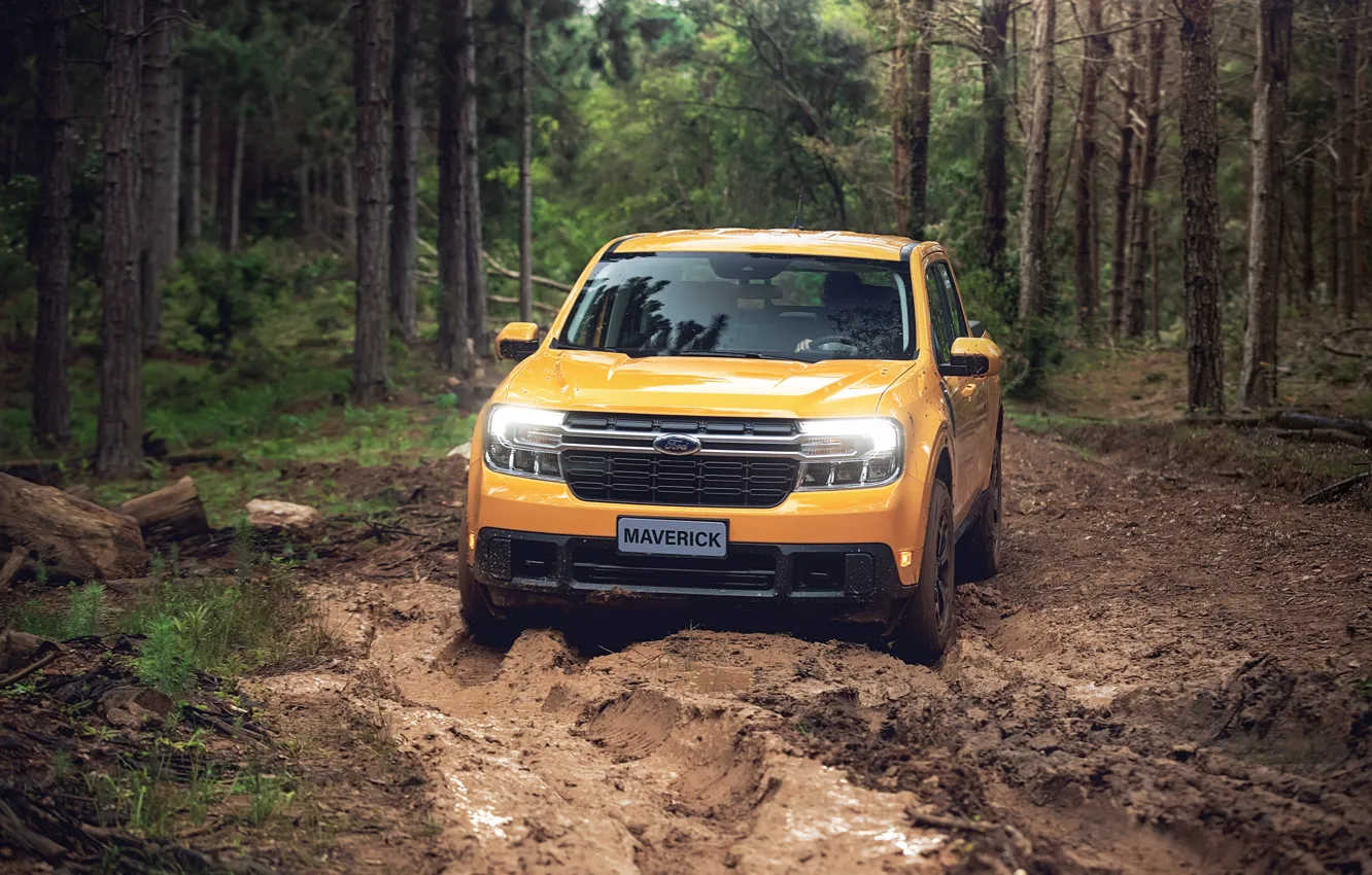 Фото обои Ford, Yellow, Pickup, Offroad, Mud, Maverick, 2021, FX4