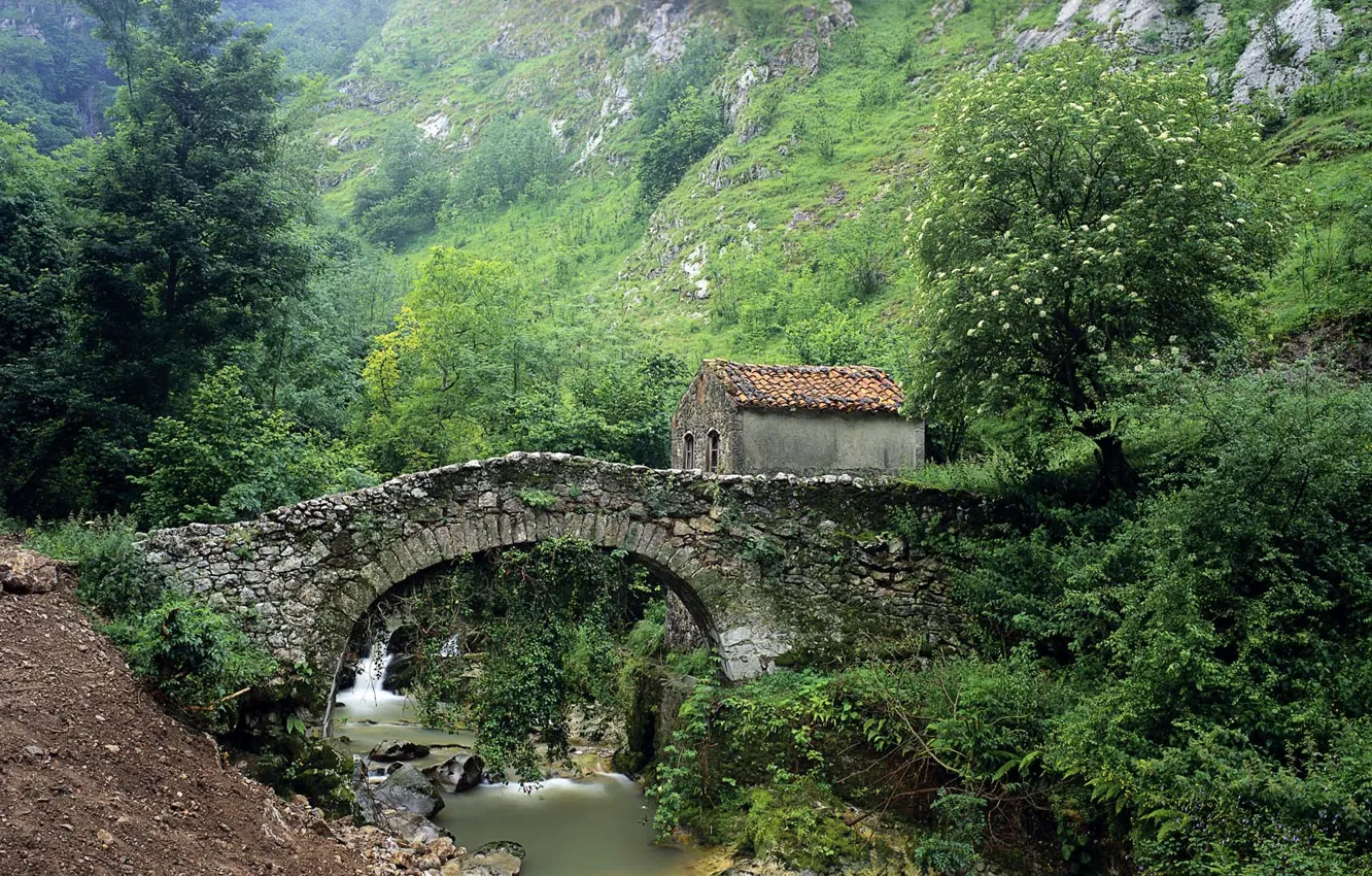 Фото обои мост, домик, каменый