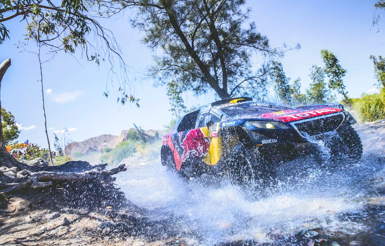 Фото обои Песок, 2008, Спорт, Скорость, Гонка, Peugeot, Фары, Red Bull