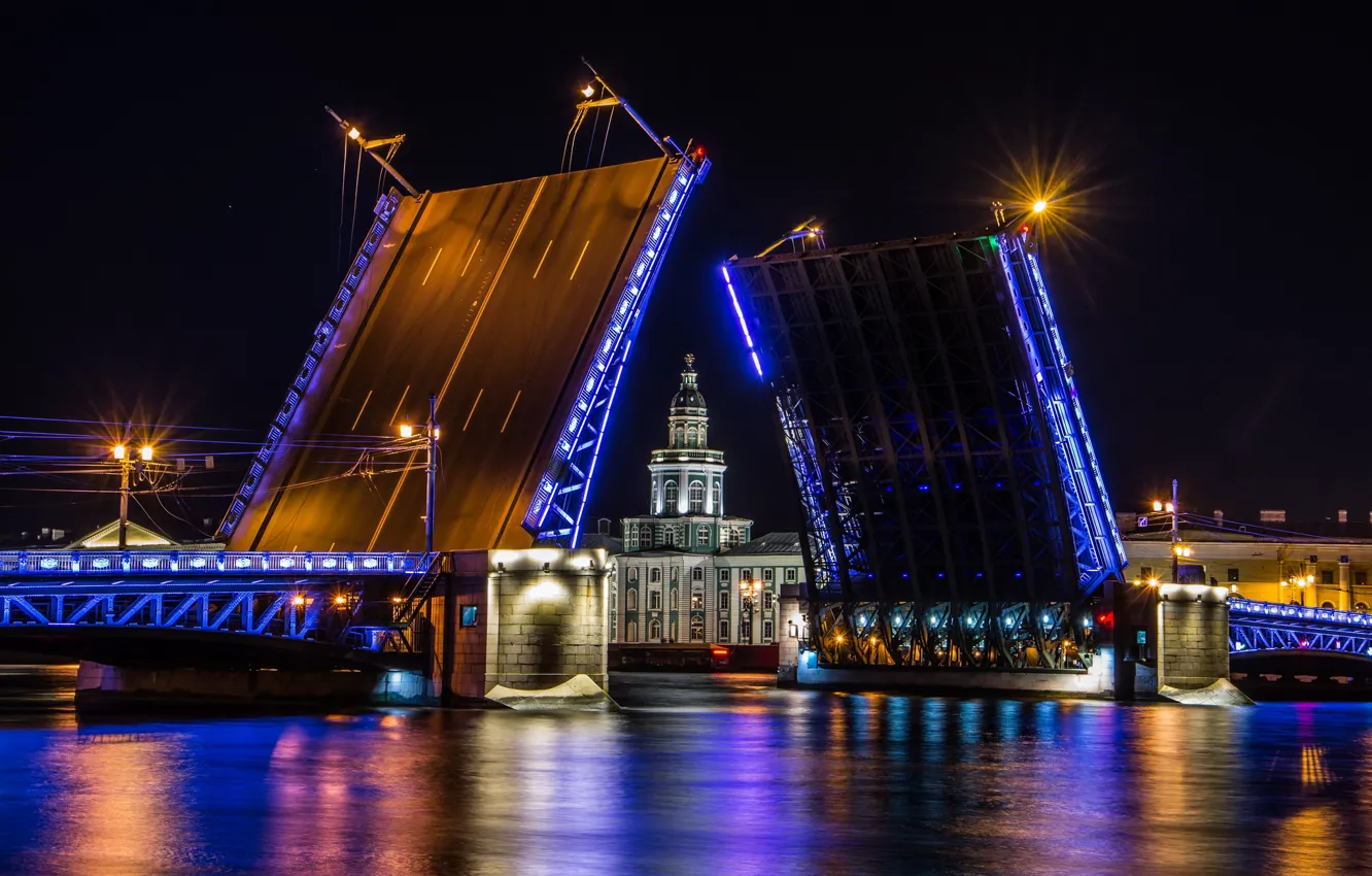 Фото обои ночь, мост, огни, Санкт-Петербург, Saint Petersburg