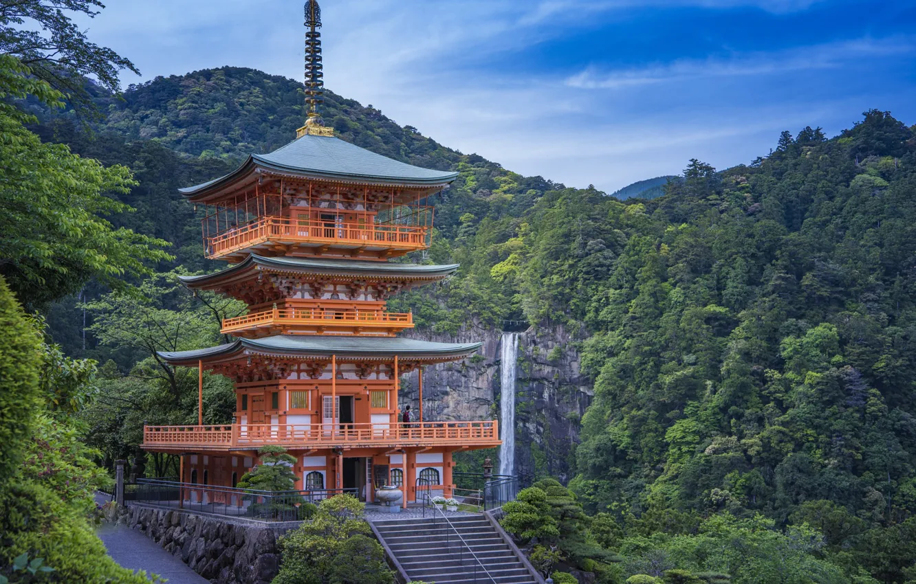Фото обои лес, горы, водопад, пагода, Japan, Nachi Falls, Seigantoji Pagoda