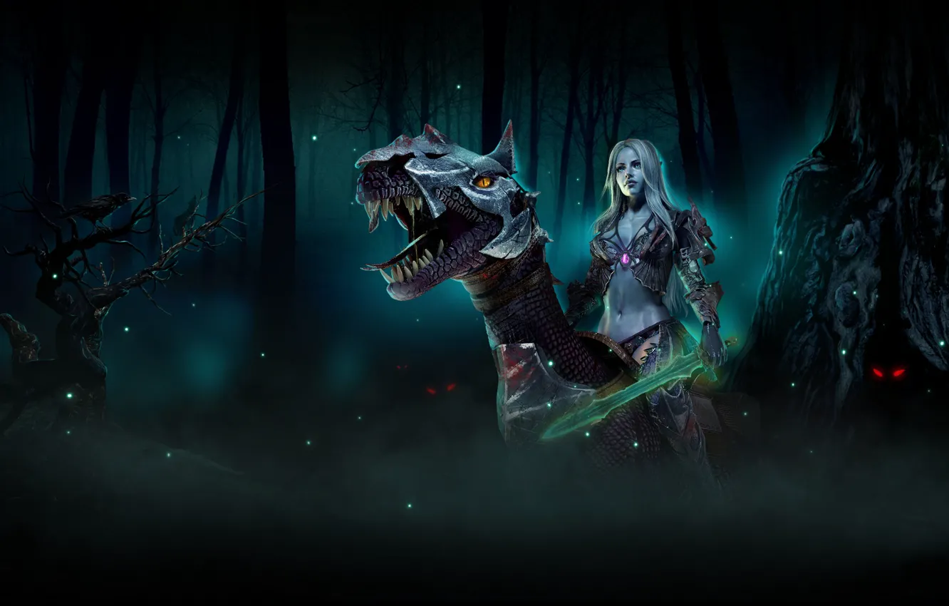 Фото обои лес, девушка, ночь, туман, мрак, доспехи, Plarium, Stormfall Age of War