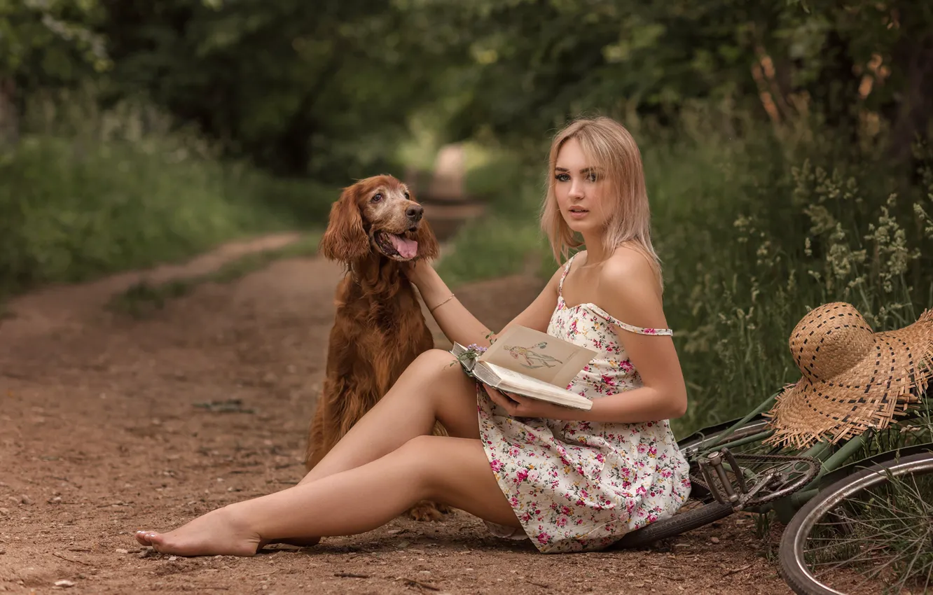 Фото обои лето, трава, девушка, природа, велосипед, животное, собака, шляпа