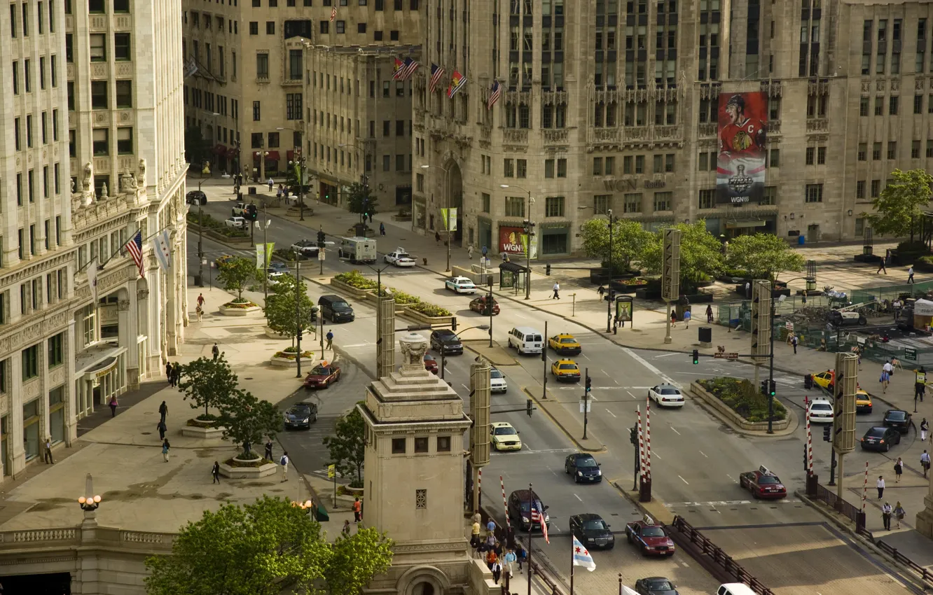 Фото обои машины, движение, улица, здания, небоскребы, америка, чикаго, Chicago