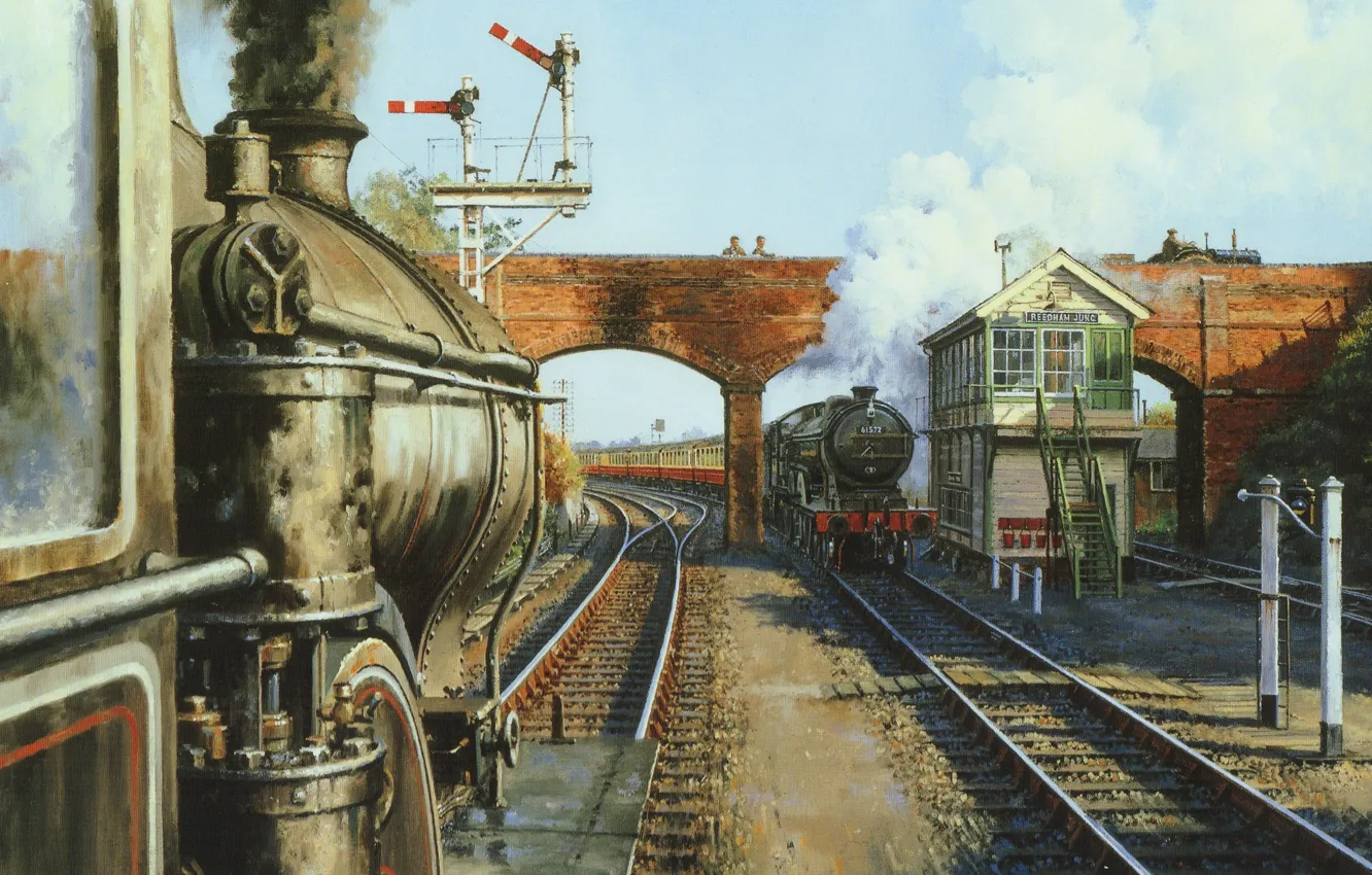 Фото обои пейзаж, мост, дым, поезд, паровоз, картина, холст, полустанок