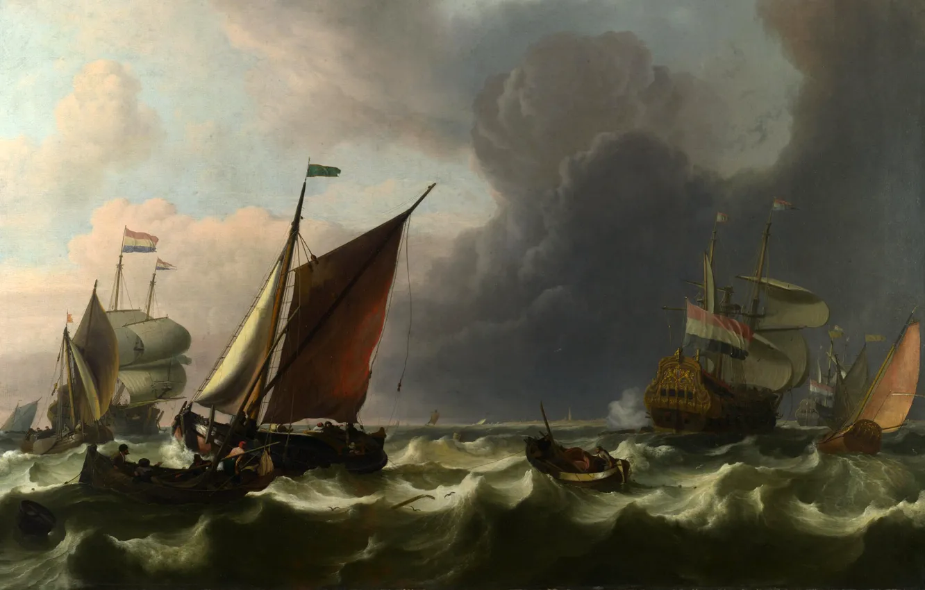 Фото обои море, волны, пейзаж, шторм, лодка, корабль, парусник, буря