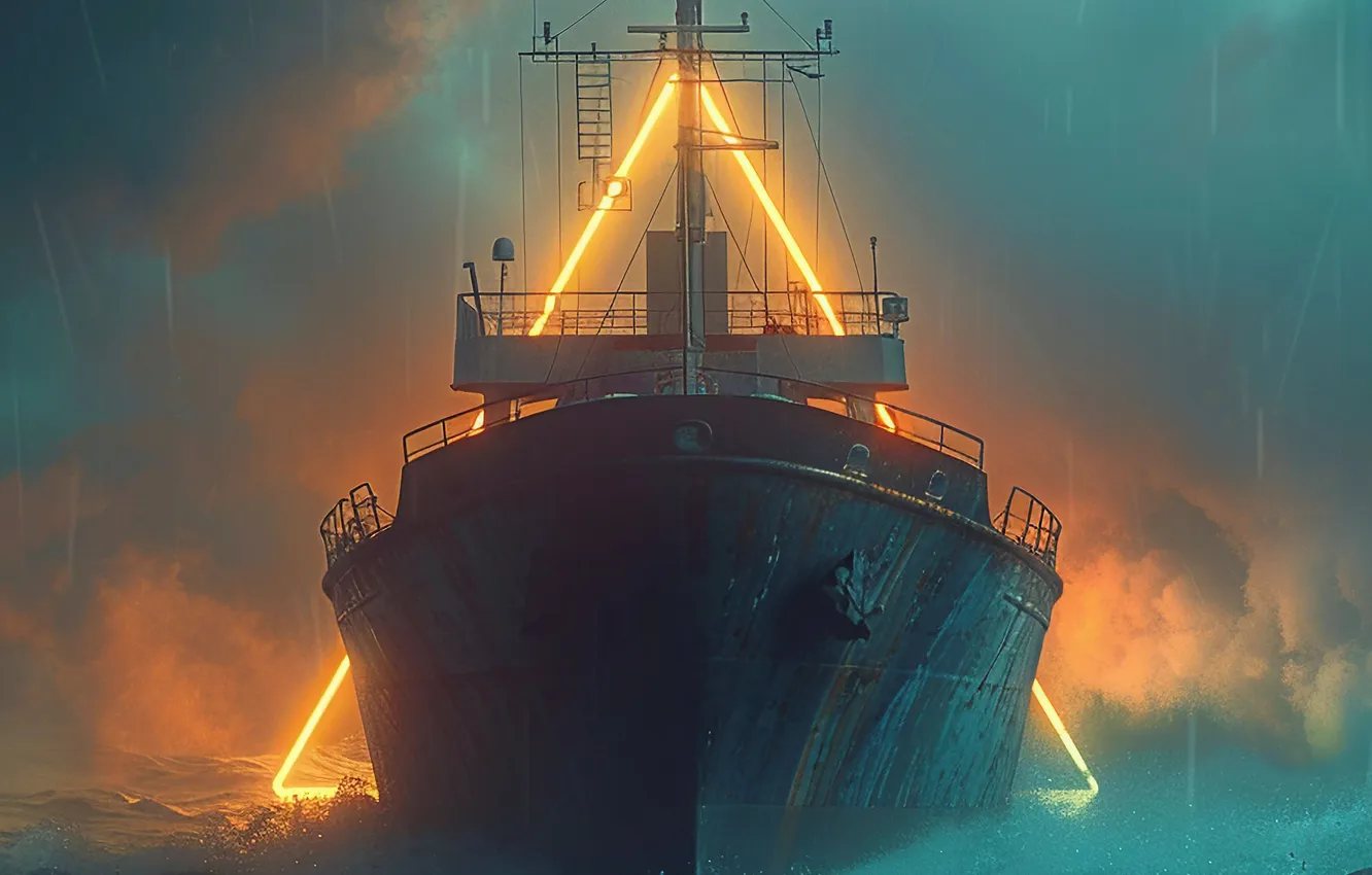 Фото обои Море, Туман, Корабль, Дождь, Тучи, Портал, Цифровое искусство, ИИ-арт