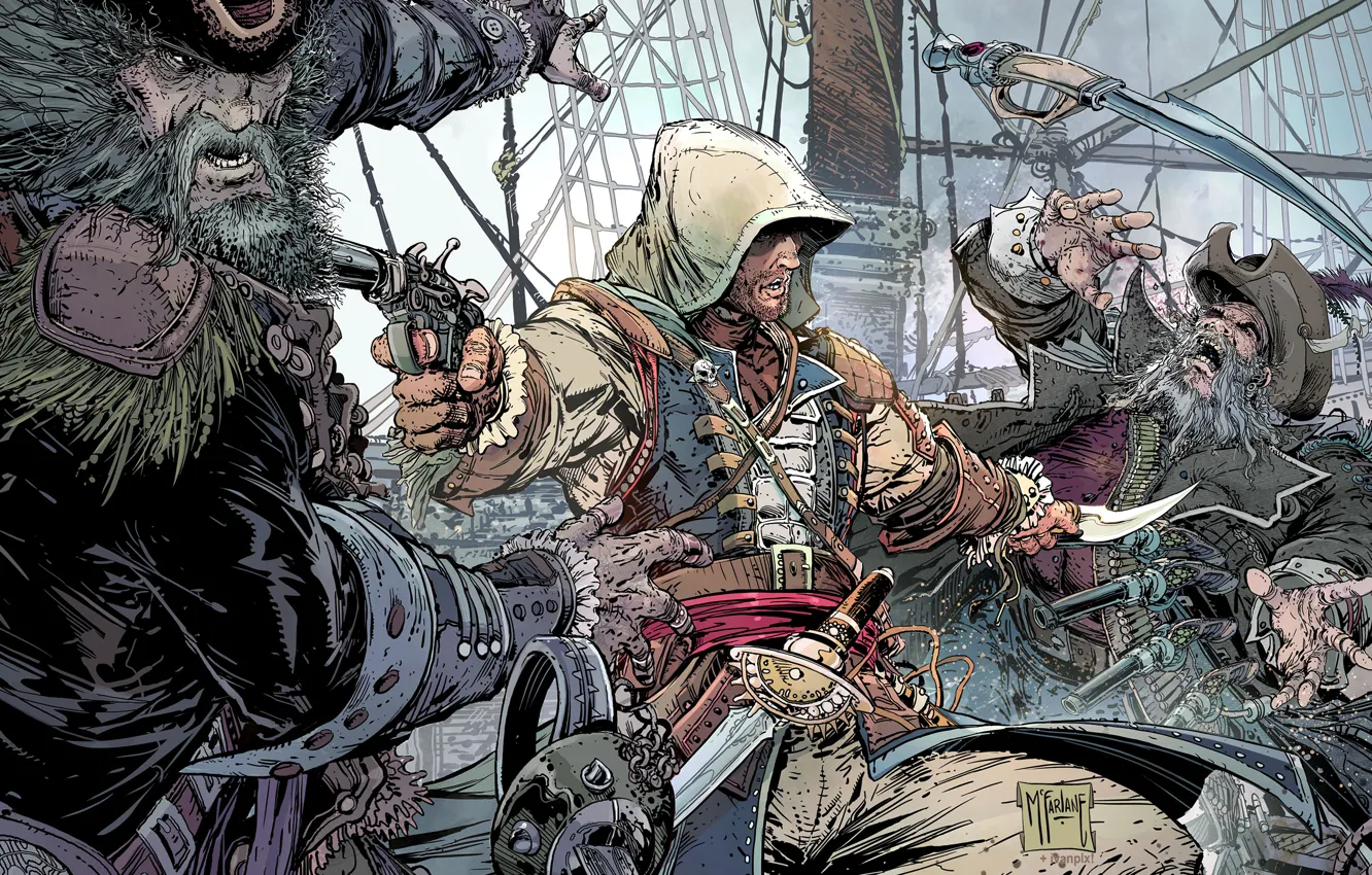 Фото обои оружие, корабль, пират, капюшон, борода, битва, постер, убийца