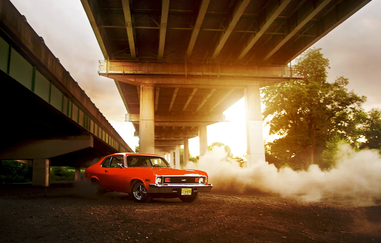 Фото обои солнце, мост, Chevrolet, red, шевроле, блик, красная, front