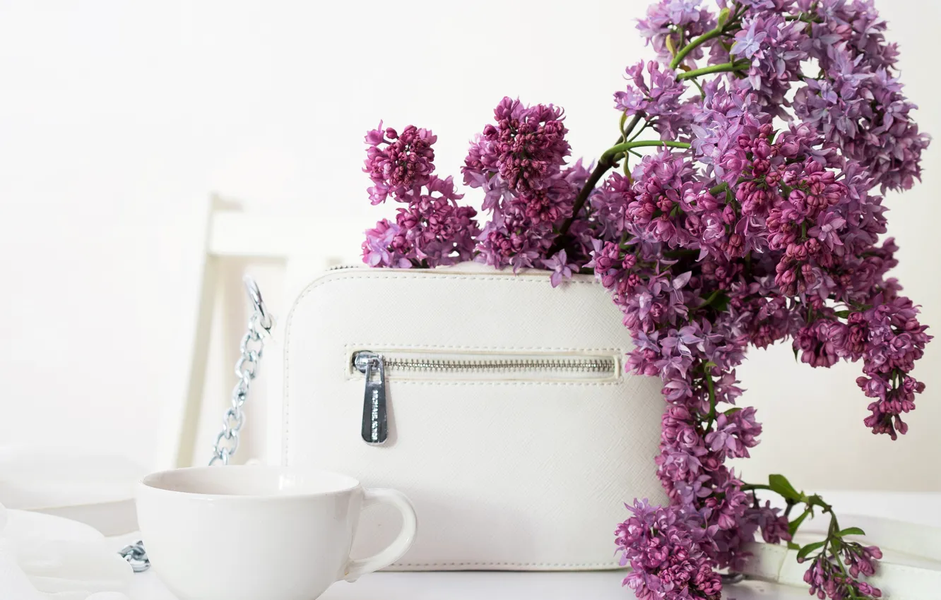 Фото обои чашка, сумка, сирень, cup, bag, lilac