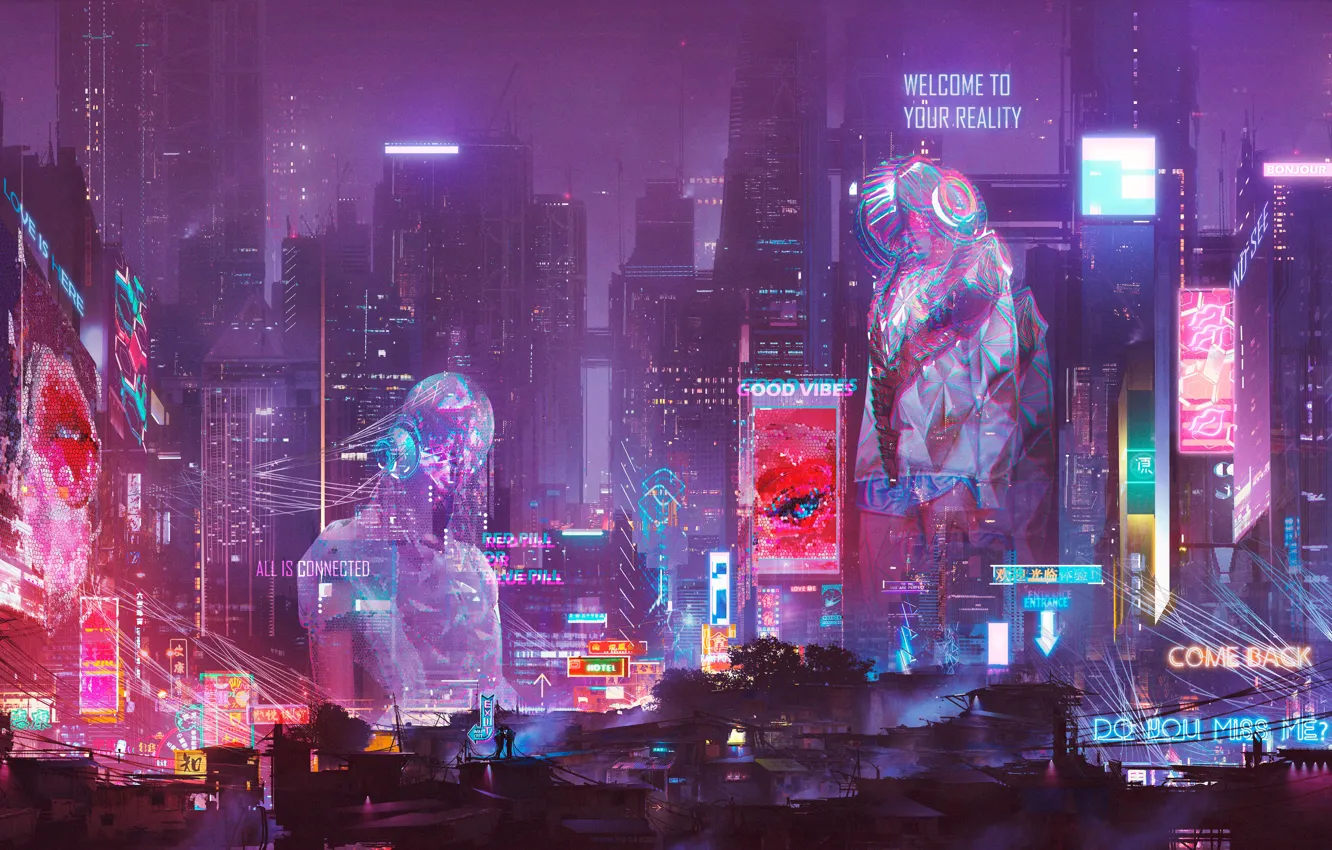 Фото обои city, lights, future, night, cyberpunk, skyscrapers, hologram