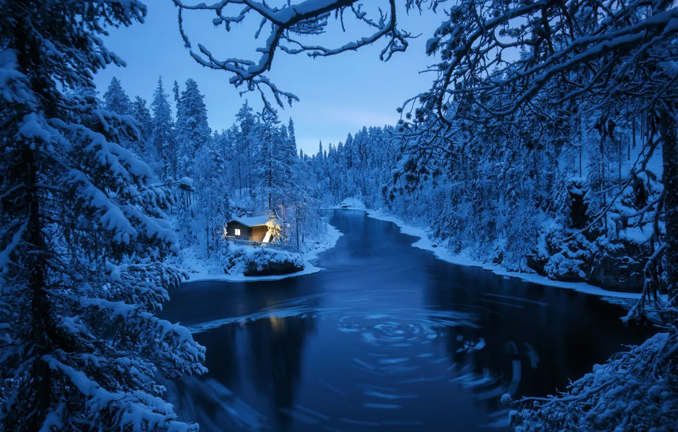 Фото обои зима, лес, дом, река, вечер, Финляндия, Базанов Андрей