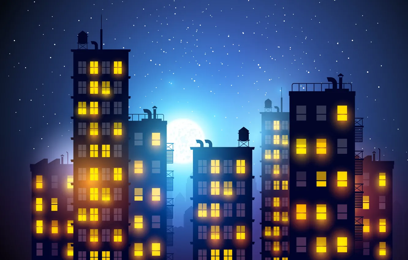 Фото обои небо, свет, ночь, город, луна, романтика, рисунок, здание