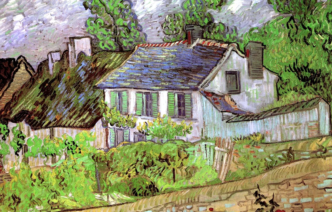 Фото обои деревья, дом, дорожка, кусты, Houses in Auvers 2