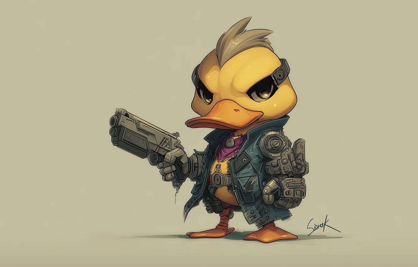 Фото обои gun, science fiction, cyberpunk, duck, cyborg, illustration, looking at viewer, AI art