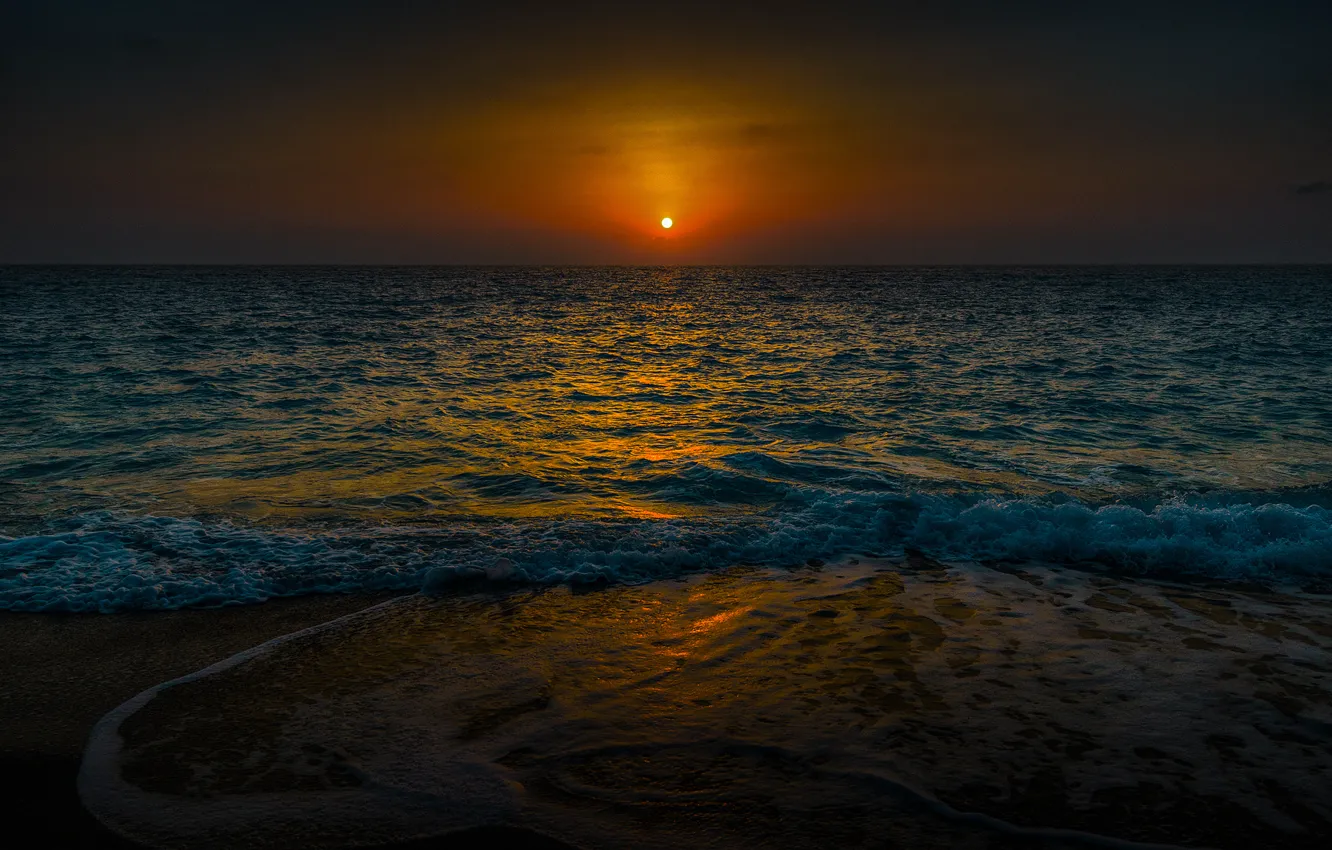 Фото обои море, пляж, солнце, закат
