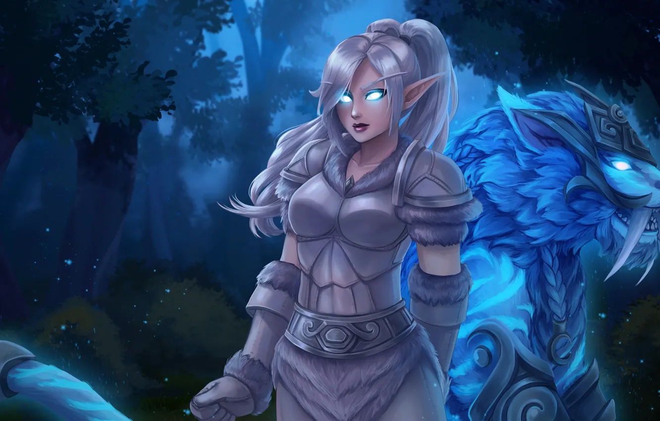 Фото обои лес, девушка, ночь, тигр, World of Warcraft, Night Elf, warcraft, wow