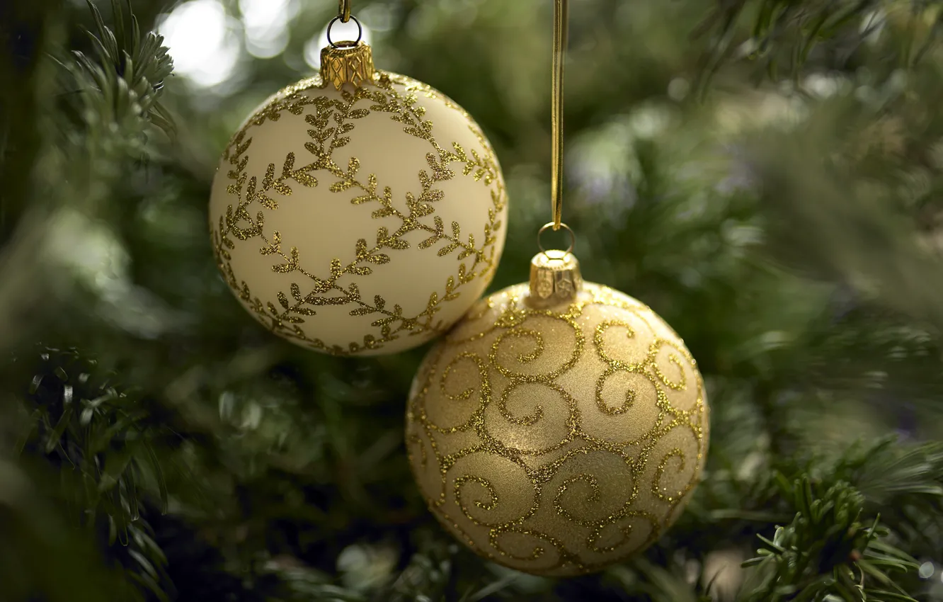 Фото обои золото, шары, игрушки, елка, новый год
