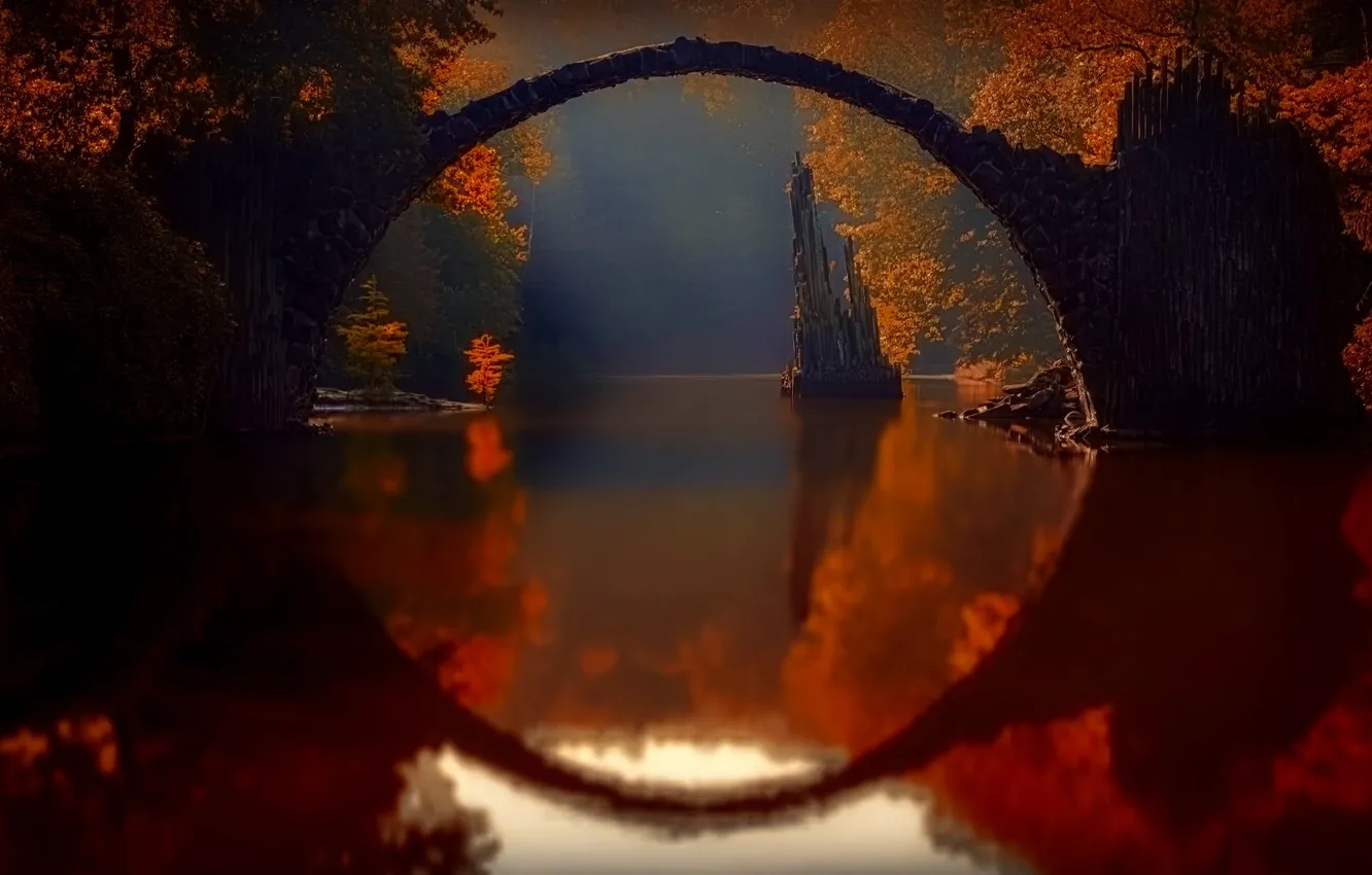 Фото обои осень, деревья, пейзаж, мост, природа, отражение, река, арка