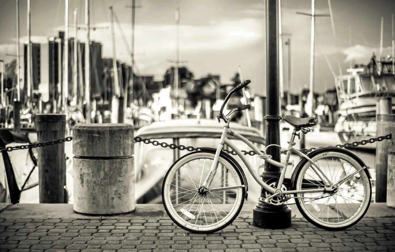 Фото обои мост, велосипед, лодки, солнечный, пристань для яхт