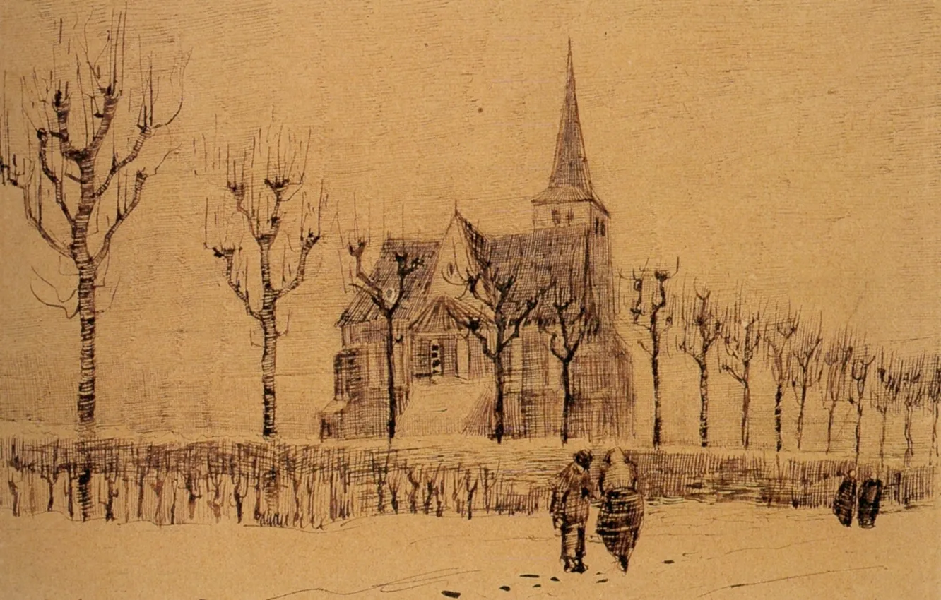 Фото обои деревья, дом, люди, Landscape, Винсент ван Гог, with a Church 2
