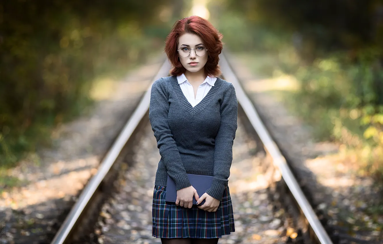 Фото обои school uniform, black stockings, stockings, model, women, redhead, railway, glasses
