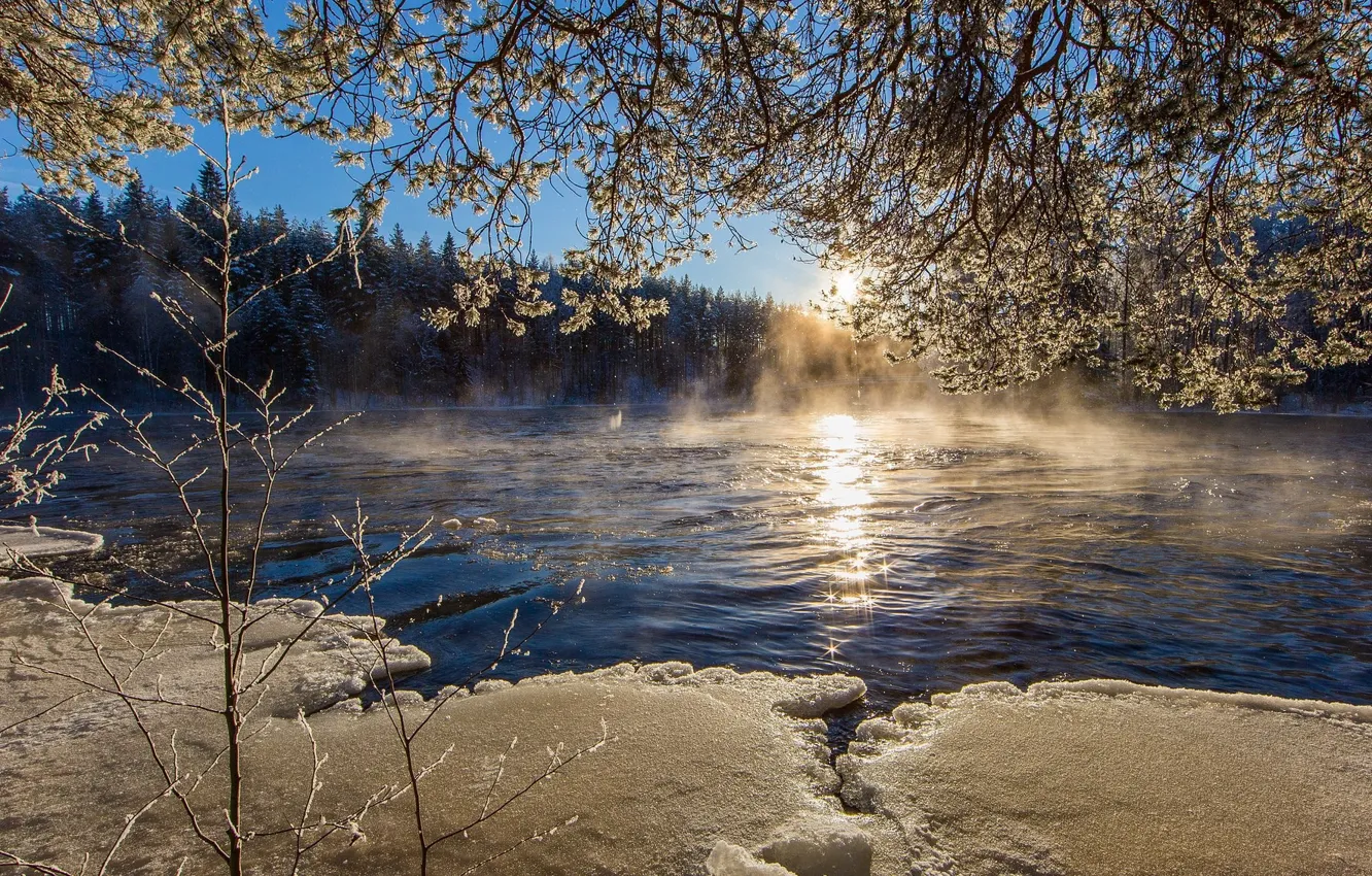 Фото обои зима, река, лёд