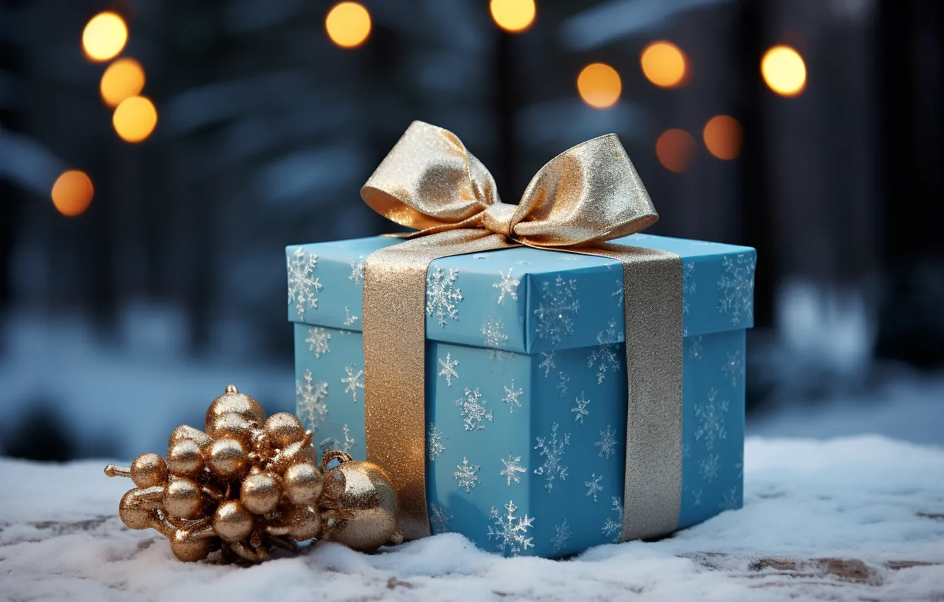 Фото обои зима, снег, украшения, снежинки, шары, Новый Год, Рождество, подарки