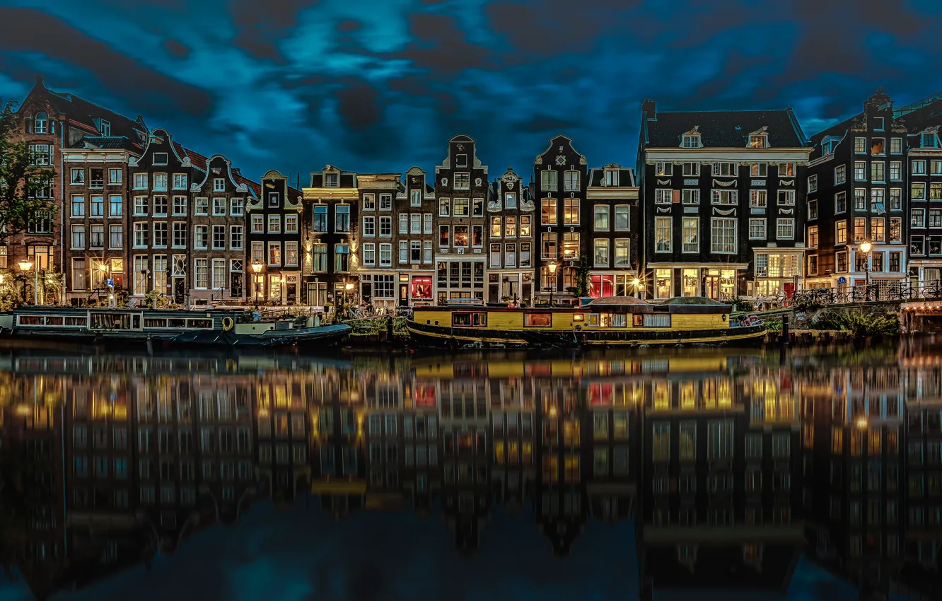 Фото обои ночь, город, Амстердам