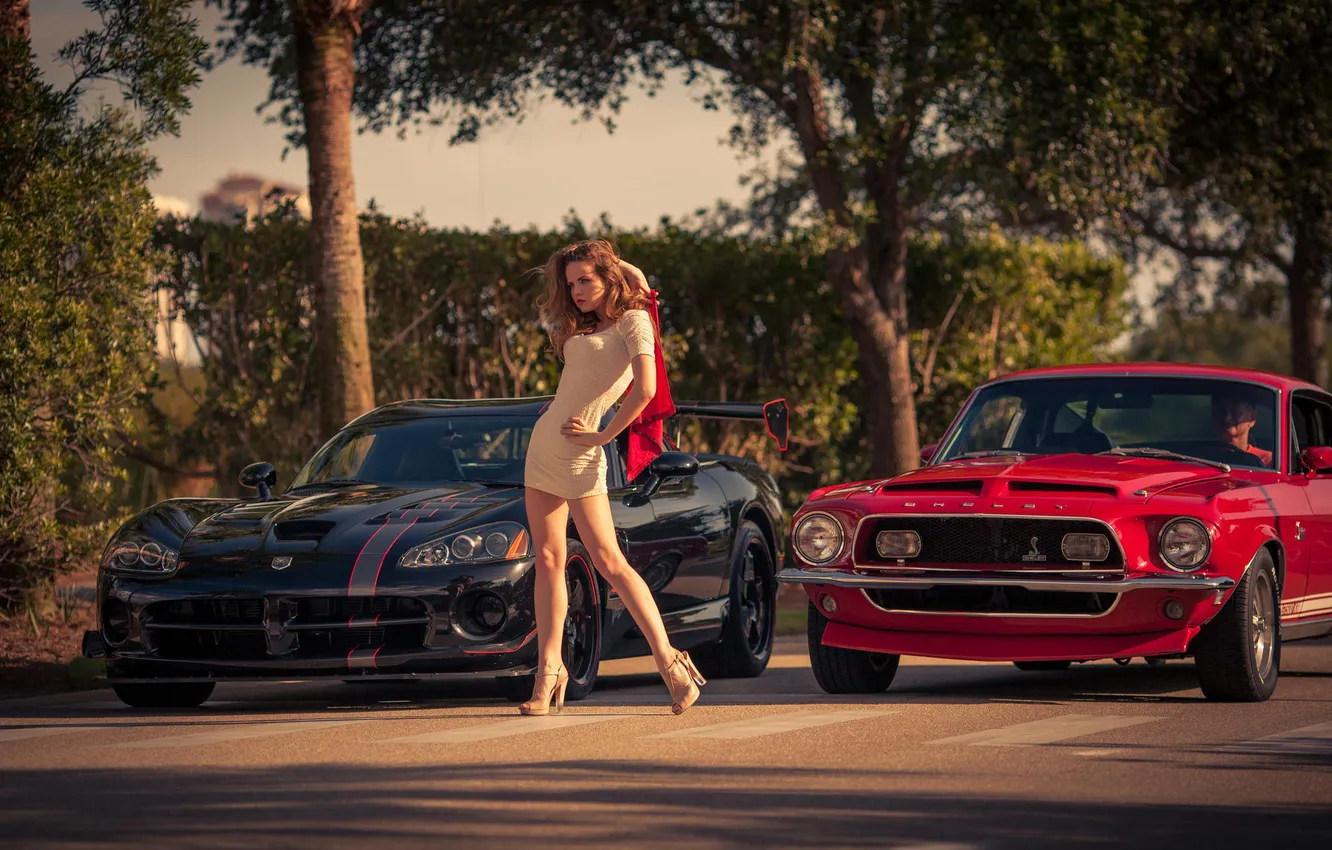 Фото обои девушка, Mustang, Ford, Модель, Dodge, red, мускул кар, black