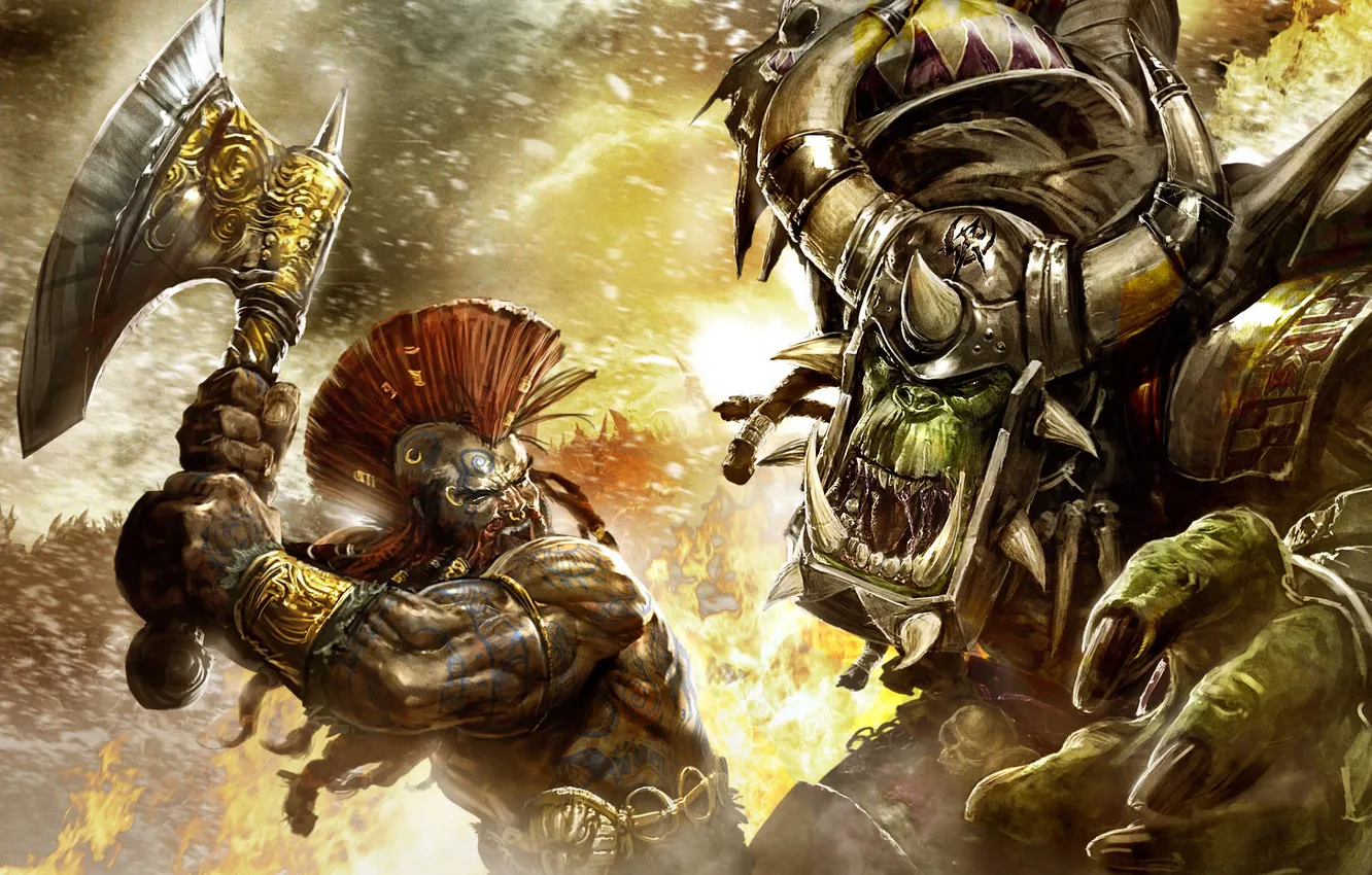 Фото обои оружие, пламя, доспехи, Игра, арт, битва, Warcraft