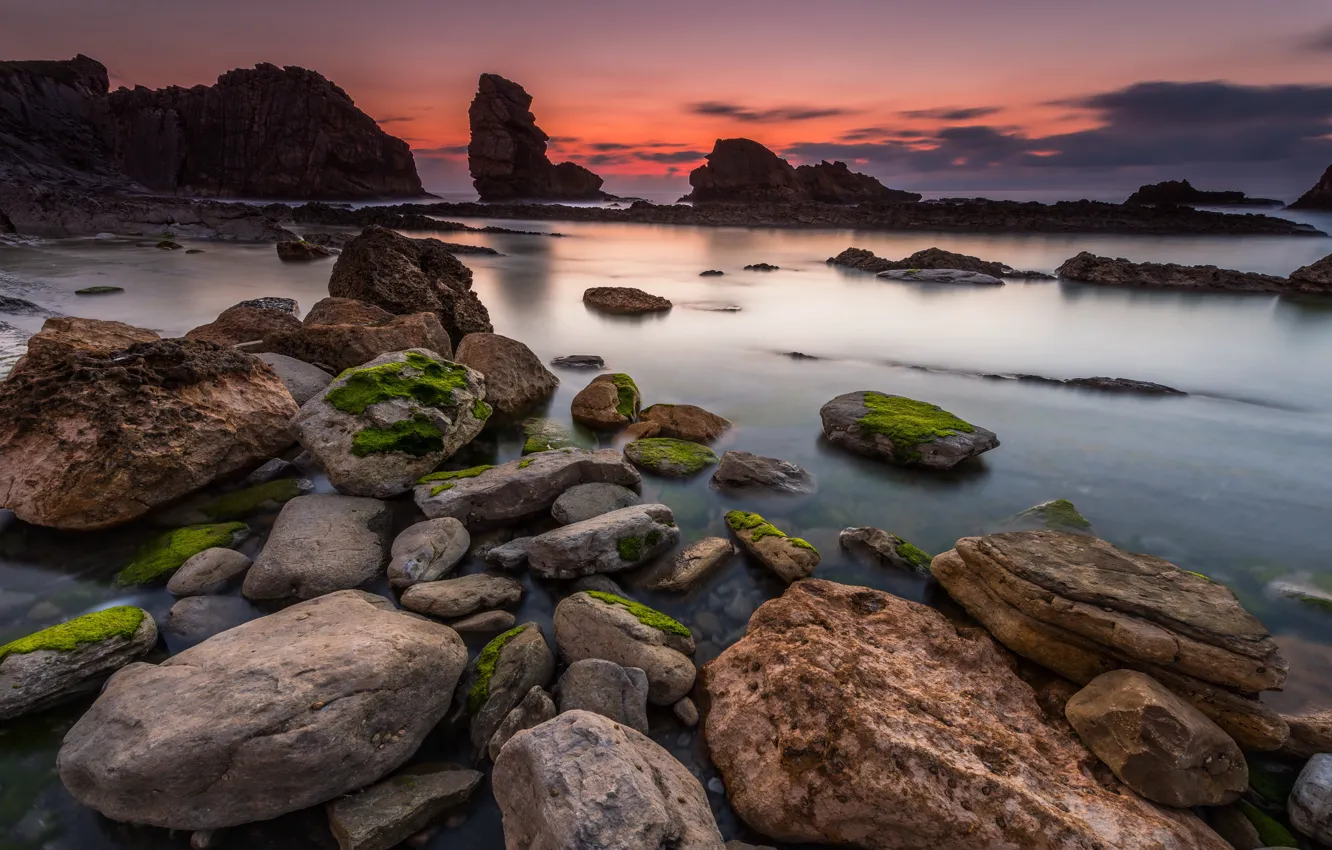 Фото обои beach, sky, sea, stone, sunset, seascape, rocks, shore