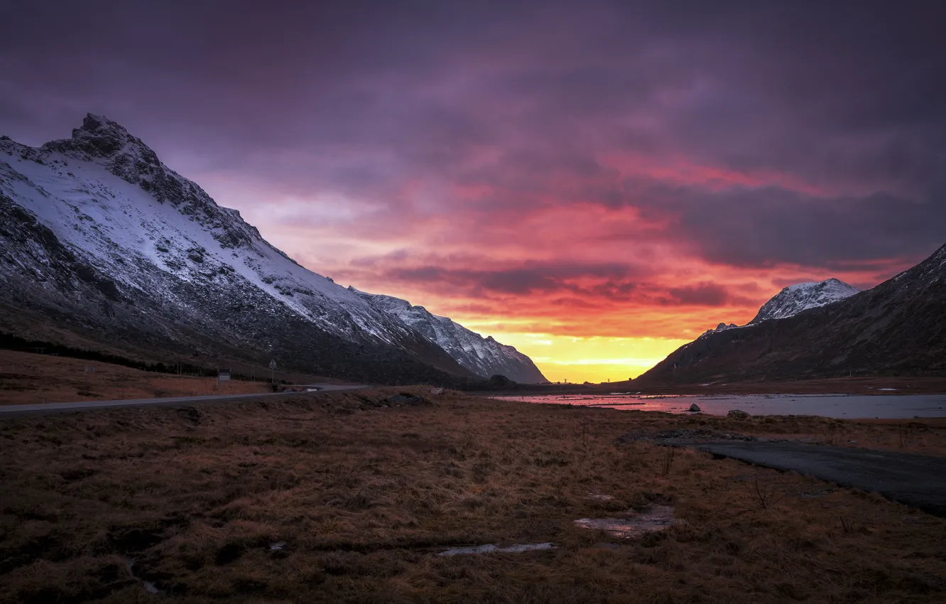 Фото обои дорога, горы, рассвет, утро, долина, Норвегия