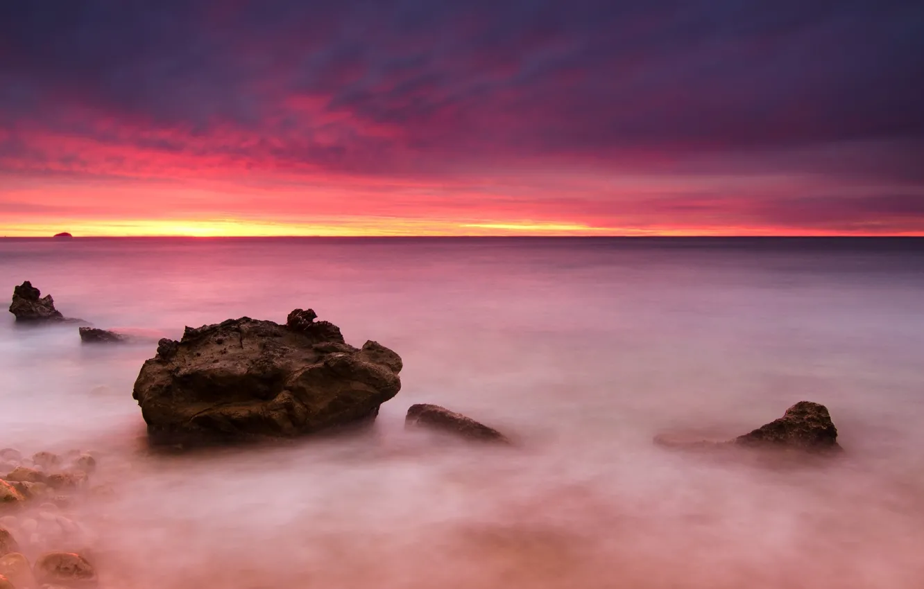 Фото обои море, небо, пейзаж, природа, камни, фон, розовый, widescreen