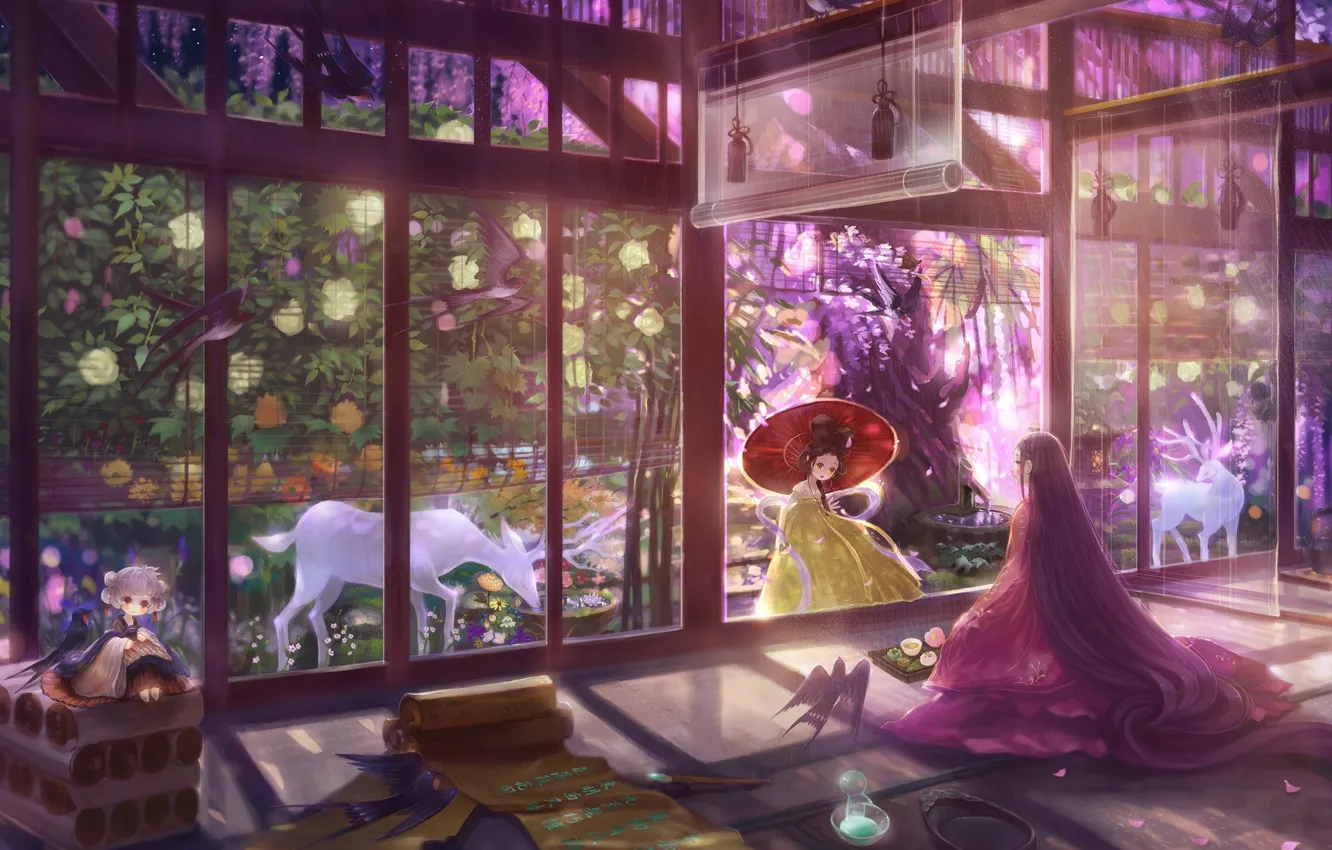 Фото обои девушки, зонт, сад, кимоно, олени, цветение, длинные волосы, веранда