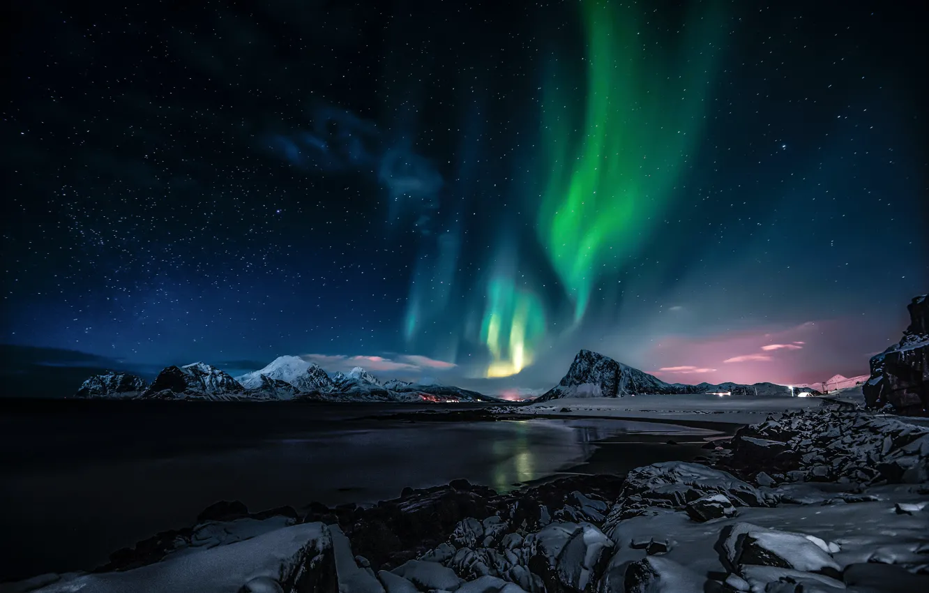 Фото обои ночь, красота, северное сияние, night, beauty, northern lights, фьорды, fjords