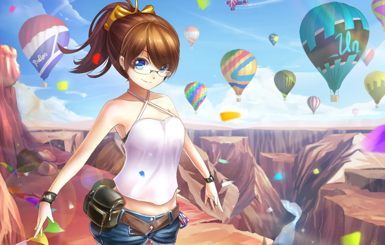 Фото обои девушка, горы, воздушный шар, аниме, арт, очки, jurrig