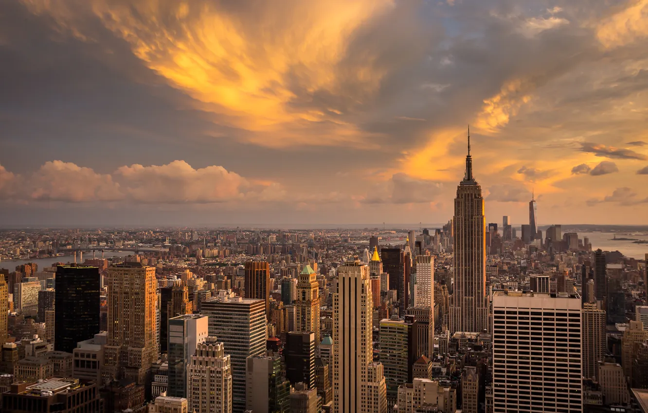 Фото обои закат, город, небоскребы, Manhattan