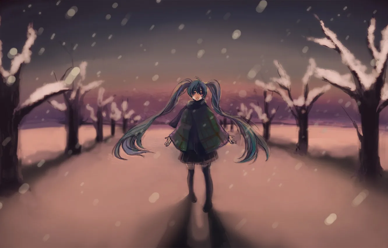 Фото обои зима, снег, деревья, вечер, арт, девочка, vocaloid, hatsune miku