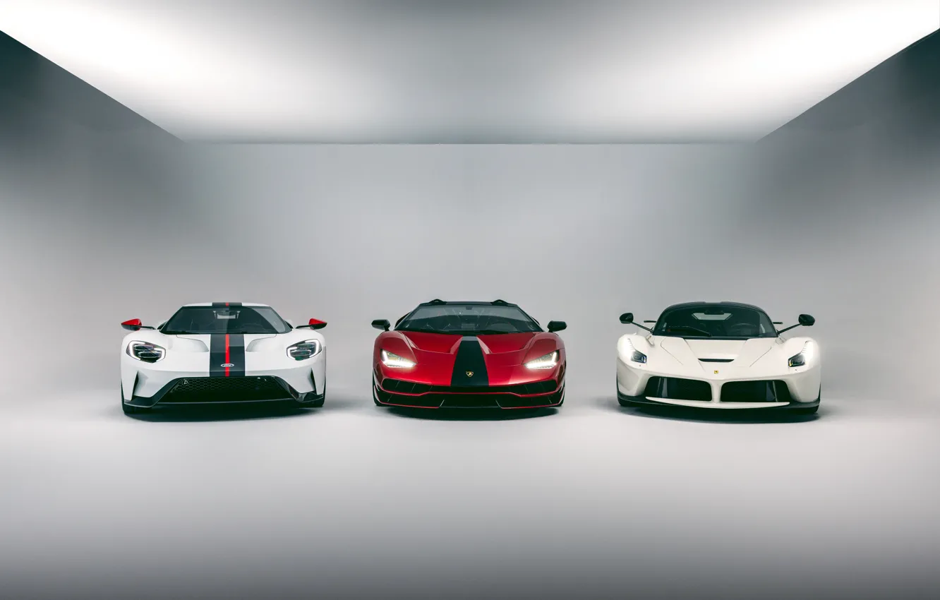 Фото обои Ford GT, cars, three, Ferrari LaFerrari, Lamborghini Centenario Roadster