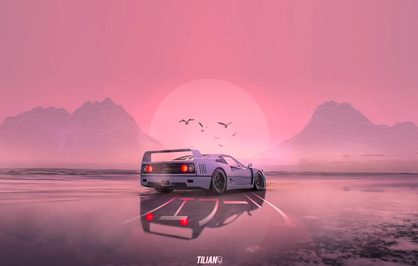 Фото обои Закат, Солнце, Музыка, Белый, Стиль, Фон, Ferrari, F40