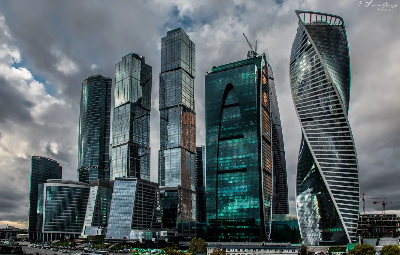 Фото обои стекло, здание, Москва, небоскрёбы, Москва-сити