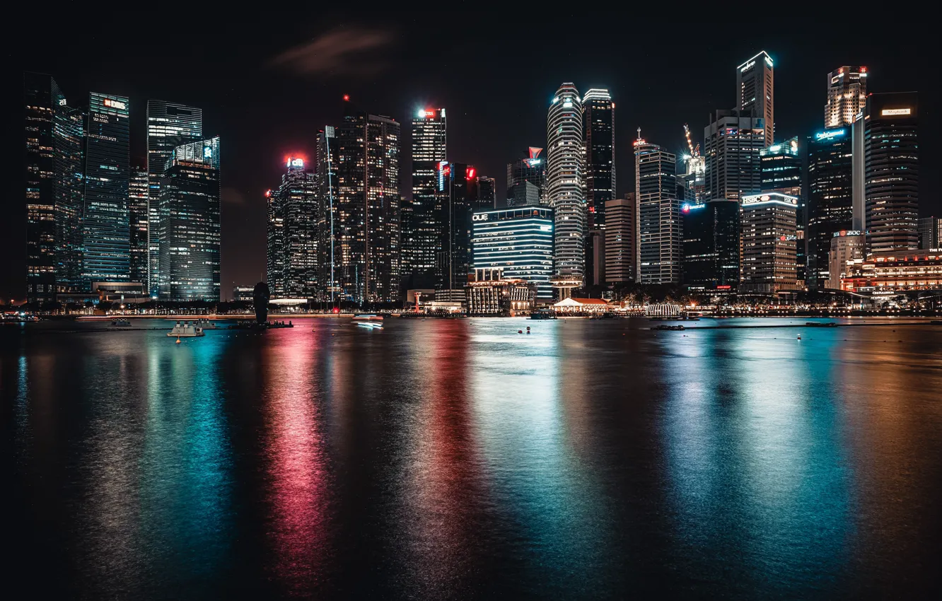 Фото обои ночь, город, огни, Сингапур