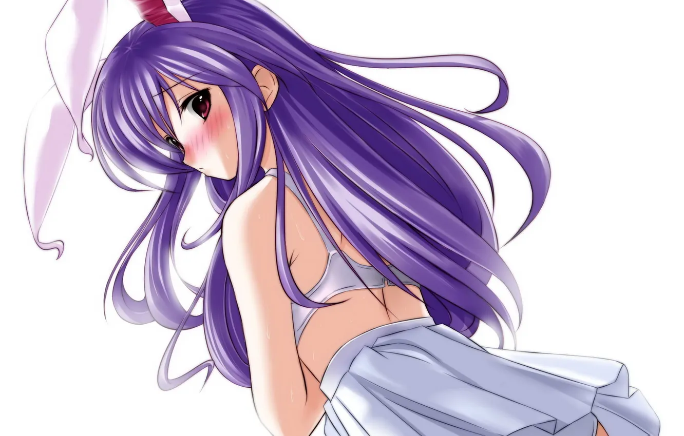 Фото обои девушка, арт, белый фон, бельё, уши, touhou, фиолетовые волосы, reisen udongein inaba