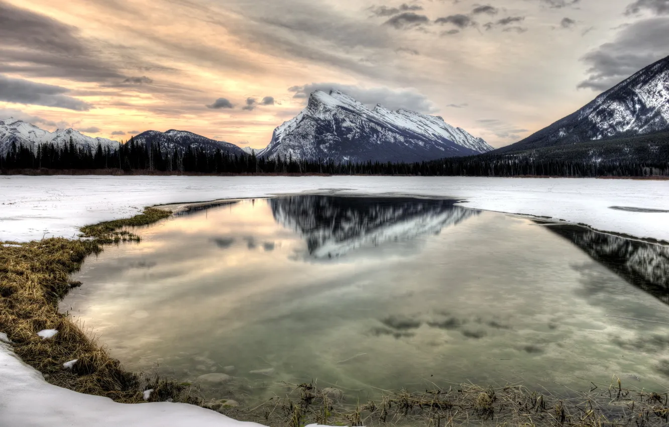 Фото обои зима, пейзаж, горы, озеро