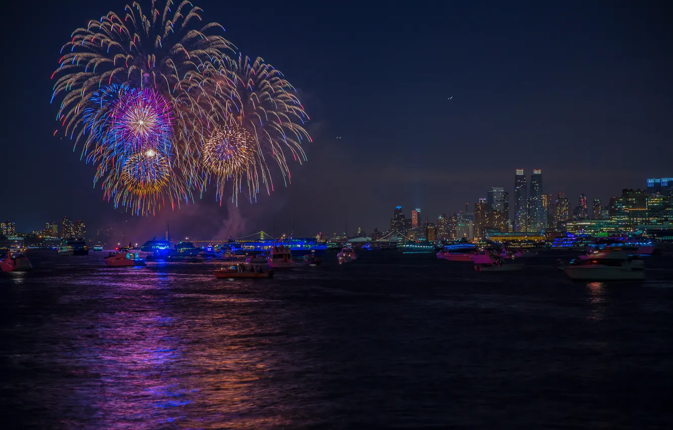 Фото обои ночь, город, праздник, феерверк, Fireworks, July 4, New York City-2, the Hudson