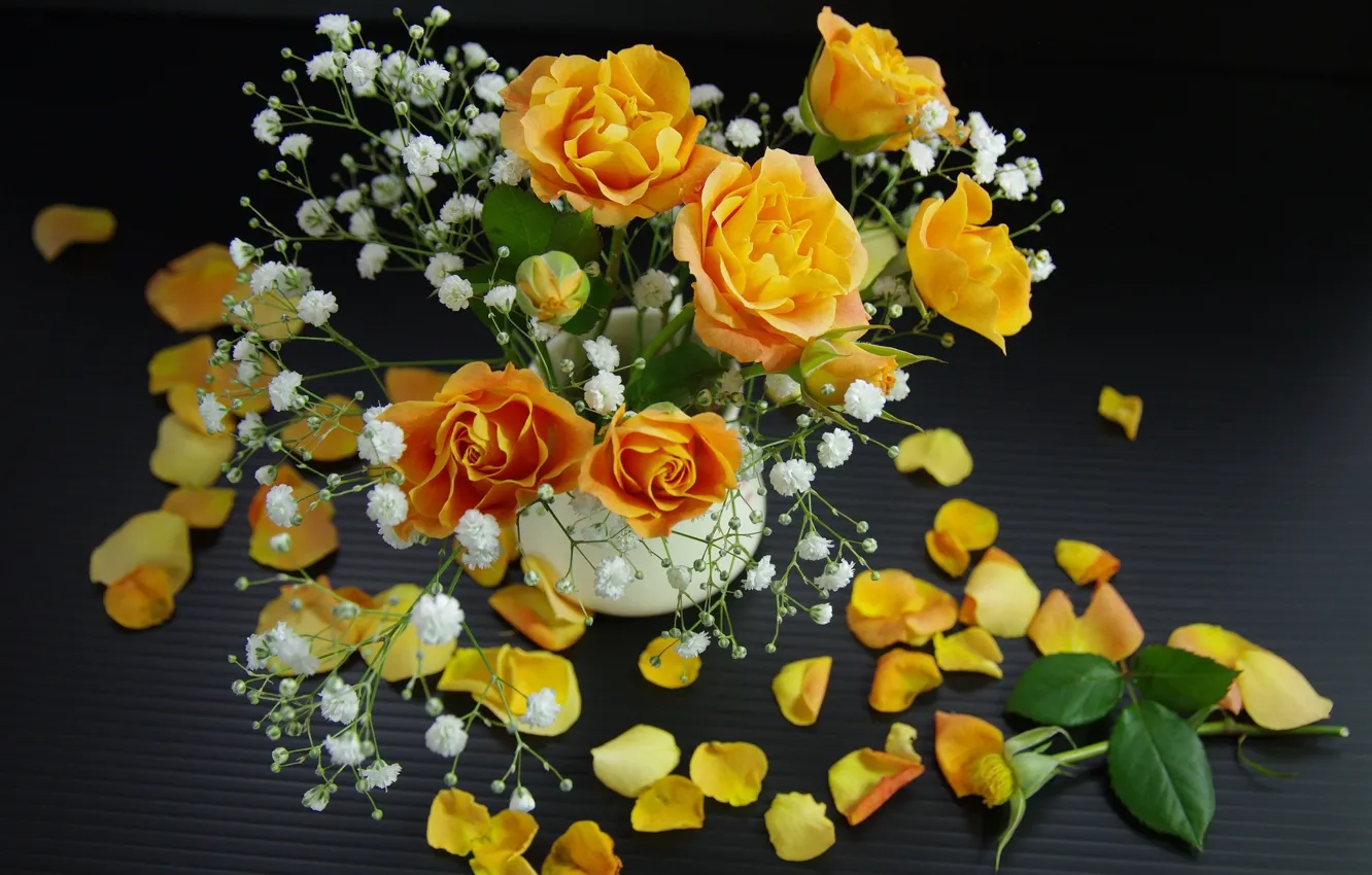 Фото обои розы, букет, лепестки, жёлтые