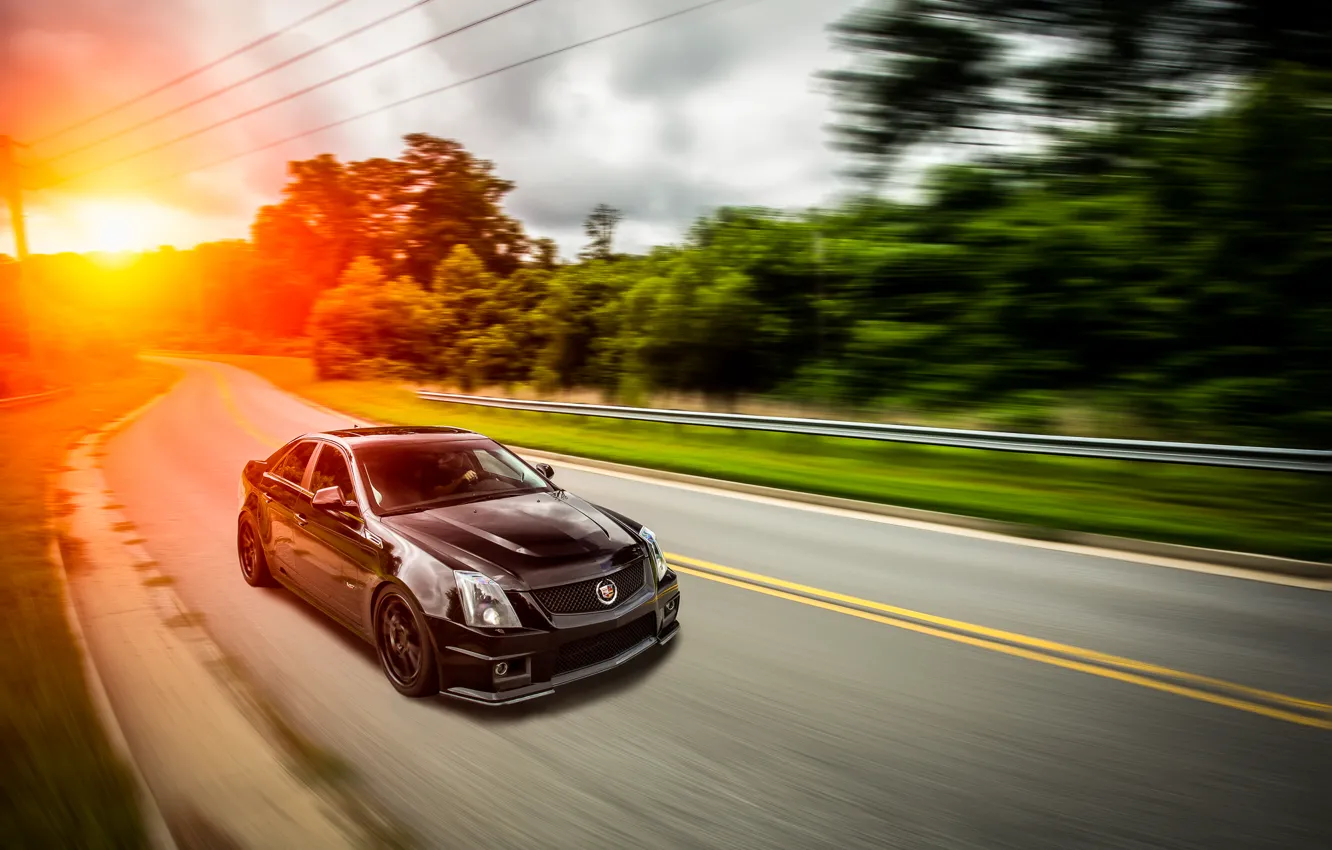 Фото обои чёрный, Cadillac, black, CTS-V, front, sun, кадилак