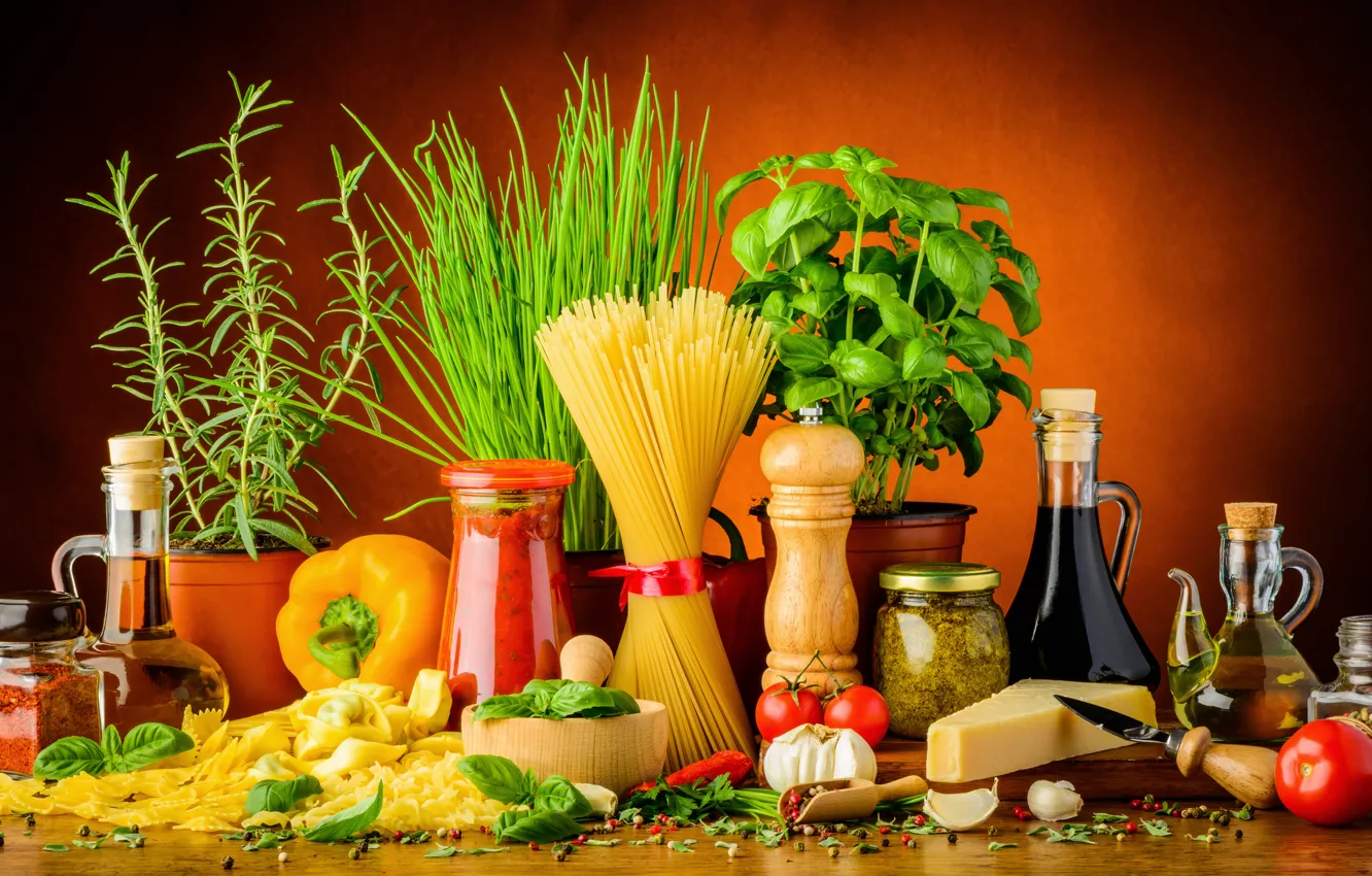 Фото обои зелень, листья, масло, сыр, перец, кувшин, помидоры, специи