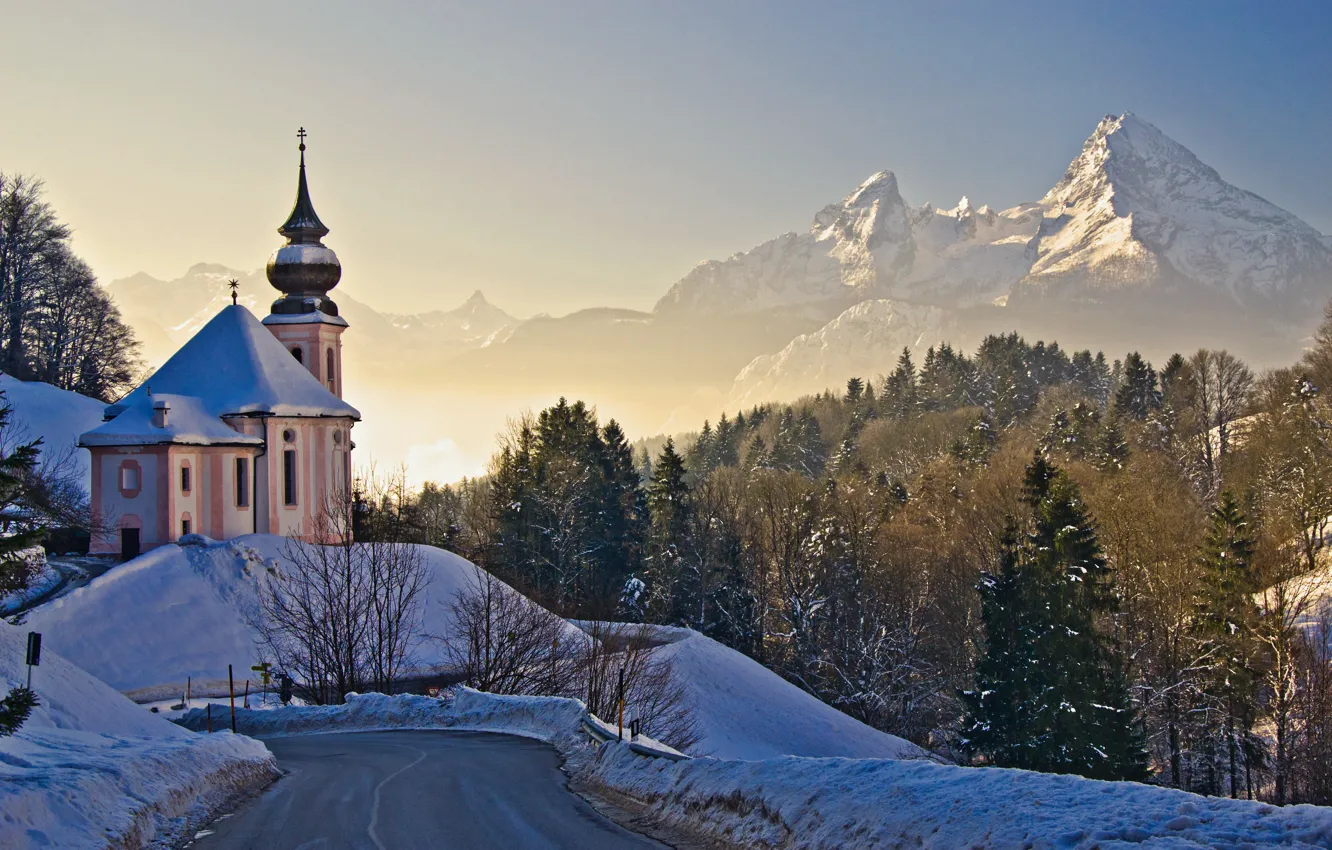 Фото обои зима, дорога, снег, деревья, пейзаж, горы, природа, Германия